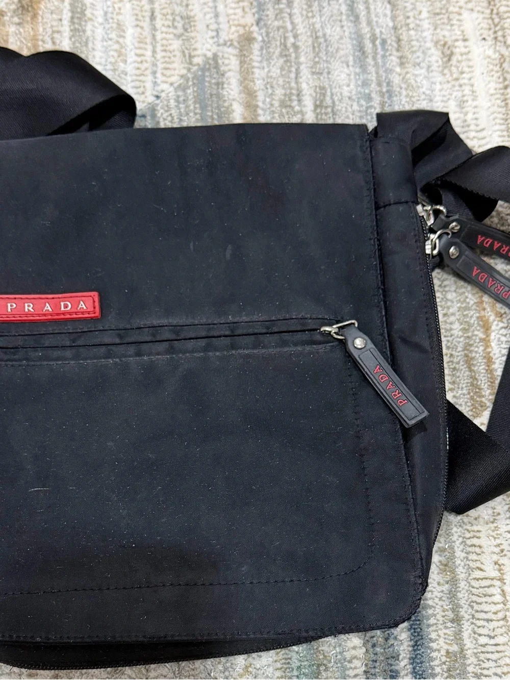 Prada Black Nylon Messenger Bag with Red Logo Accents